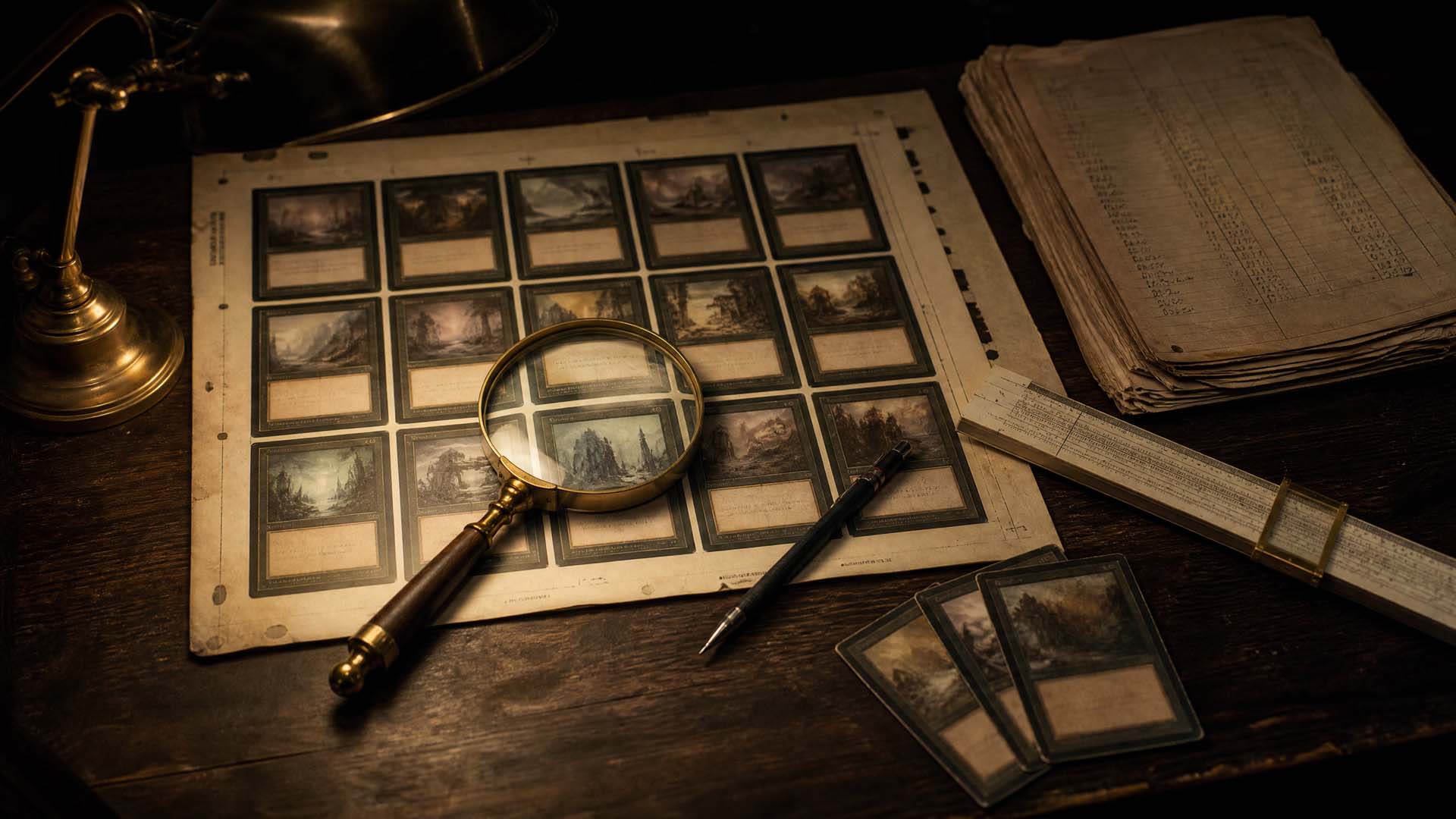 Print run data research: uncut 1993 card sheet, factory ledgers and magnifying glass on a desk