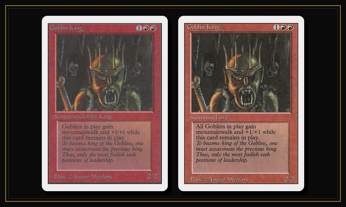 Unlimited Goblin King with Summon Goblin King type line beside Revised Goblin King with Summon Lord type line