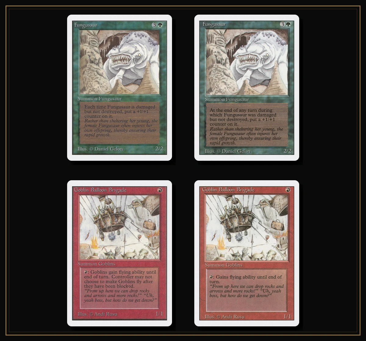Unlimited and Revised printings of Fungusaur and Goblin Balloon Brigade shown in two comparison rows