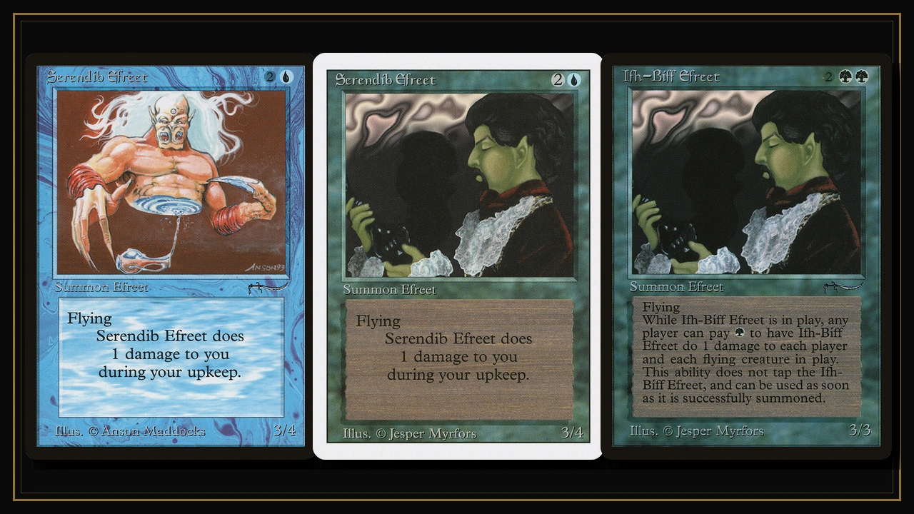 Arabian Nights Serendib Efreet, green-frame Revised Serendib Efreet, and Arabian Nights Ifh-Bíff Efreet shown side by side